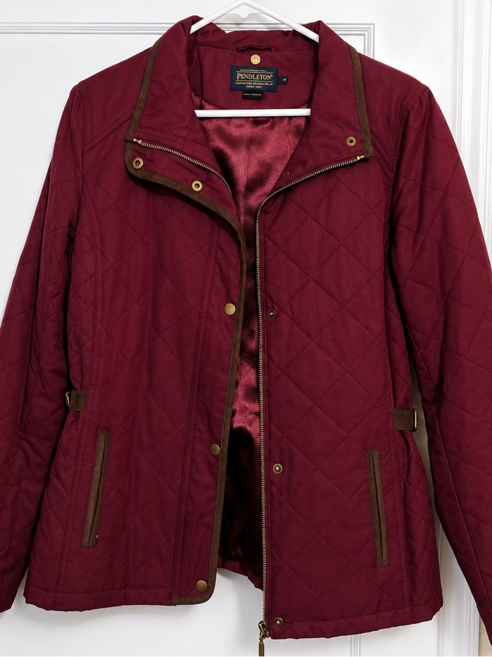 Pendleton NWOT Burgundy Wine Quilted Jacket Suede Waist Cinch and Trim Sz M